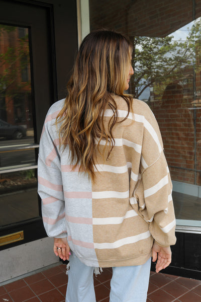 Free People Uptown Stripe Pullover / Camel Grey Combo