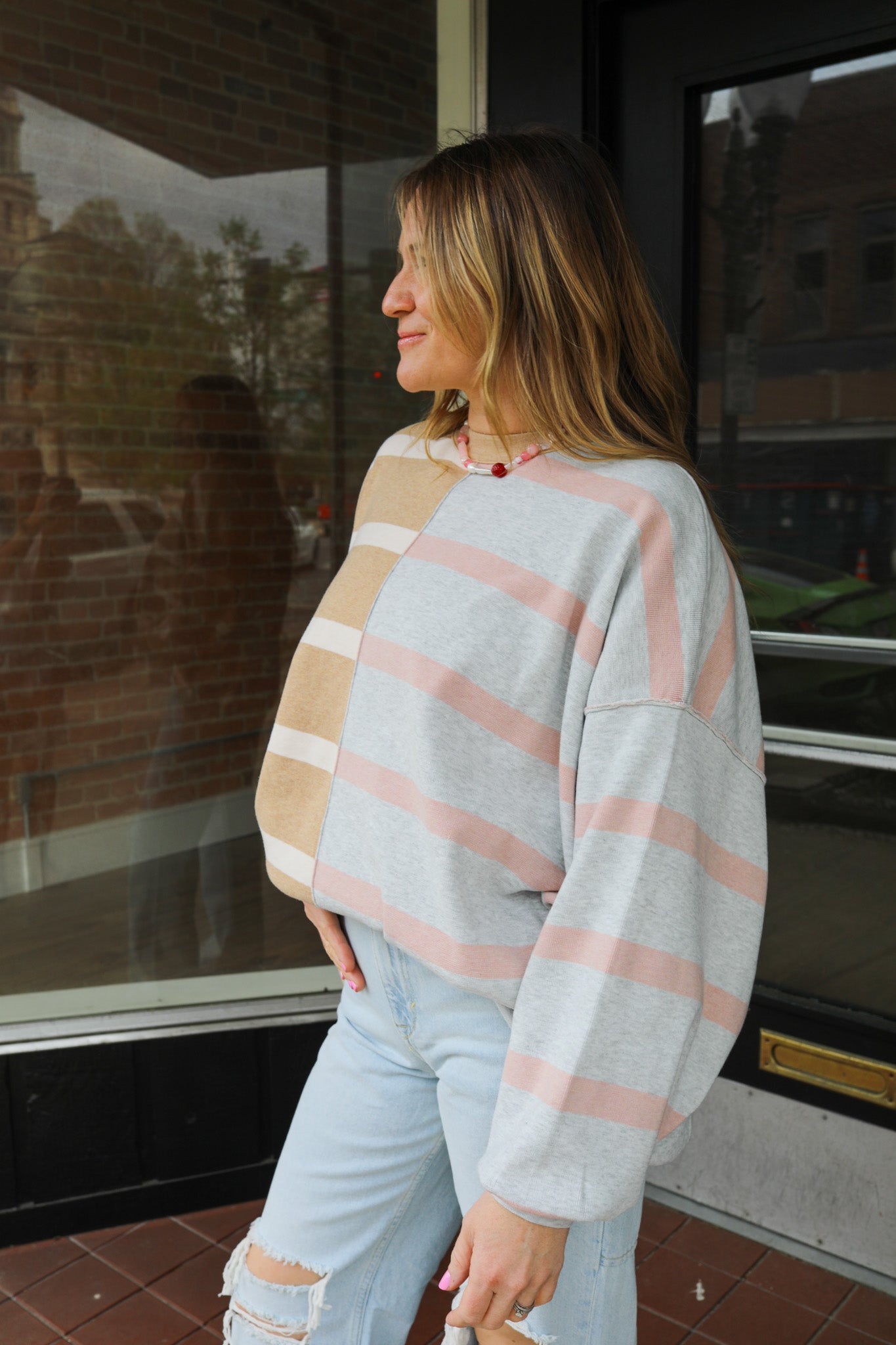 Free People Uptown Stripe Pullover / Camel Grey Combo