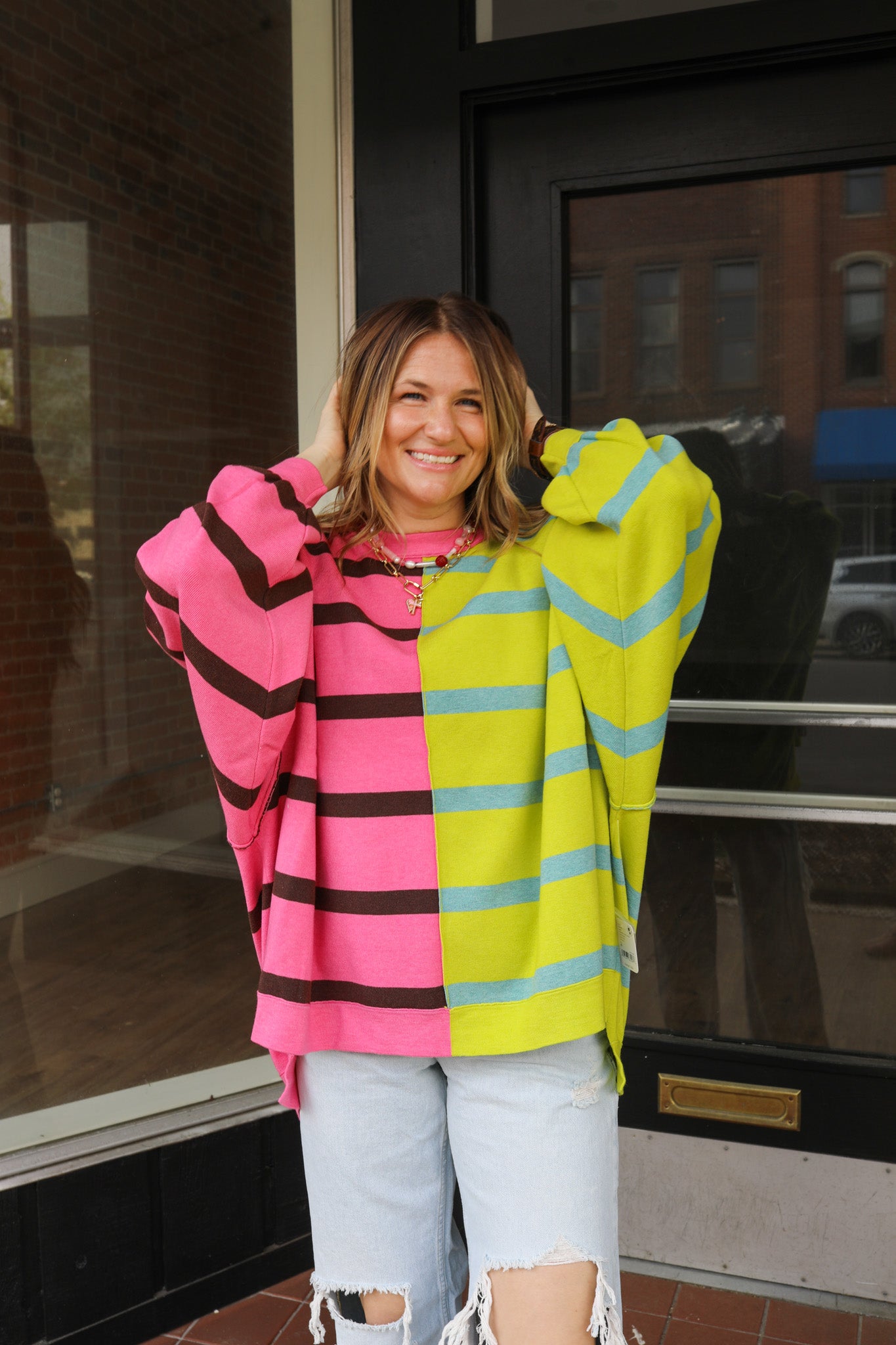 Free People Uptown Stripe Pullover / Aurora Lime Combo