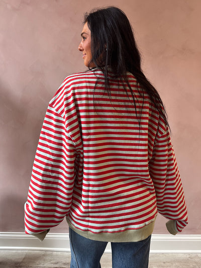 Free People Classic Striped Oversized Crewneck / Cherry Combo