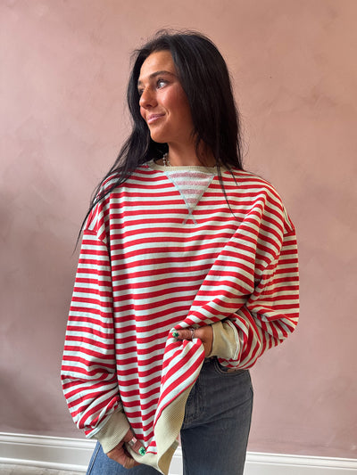 Free People Classic Striped Oversized Crewneck / Cherry Combo