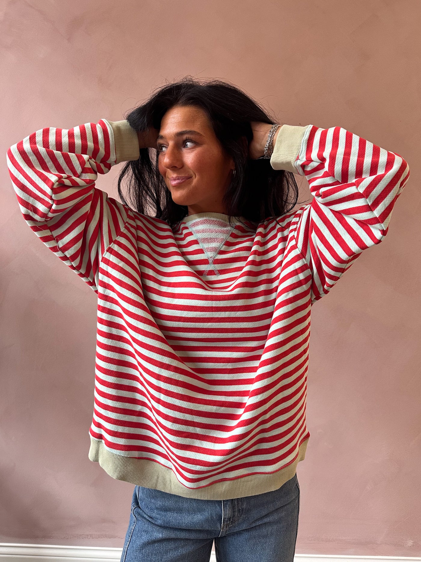 Free People Classic Striped Oversized Crewneck / Cherry Combo