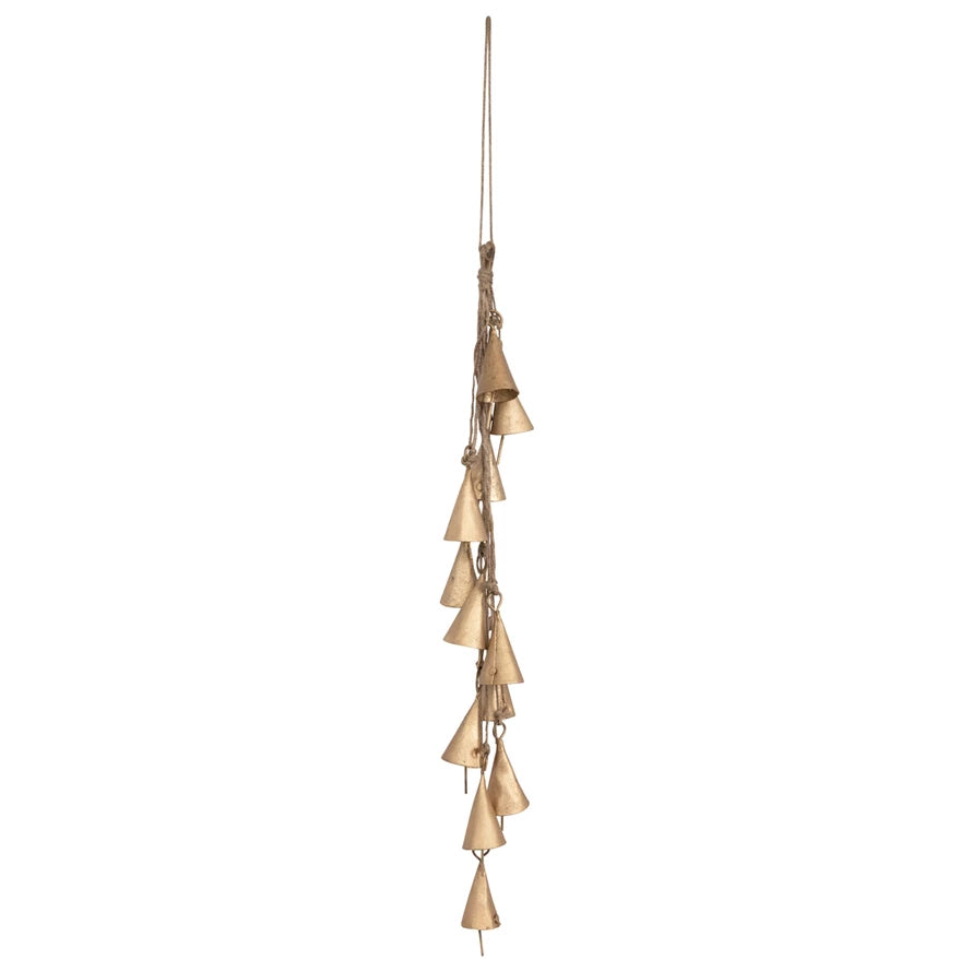 Hanging Metal Bell Cluster with Jute Rope, Antique Brass Finish