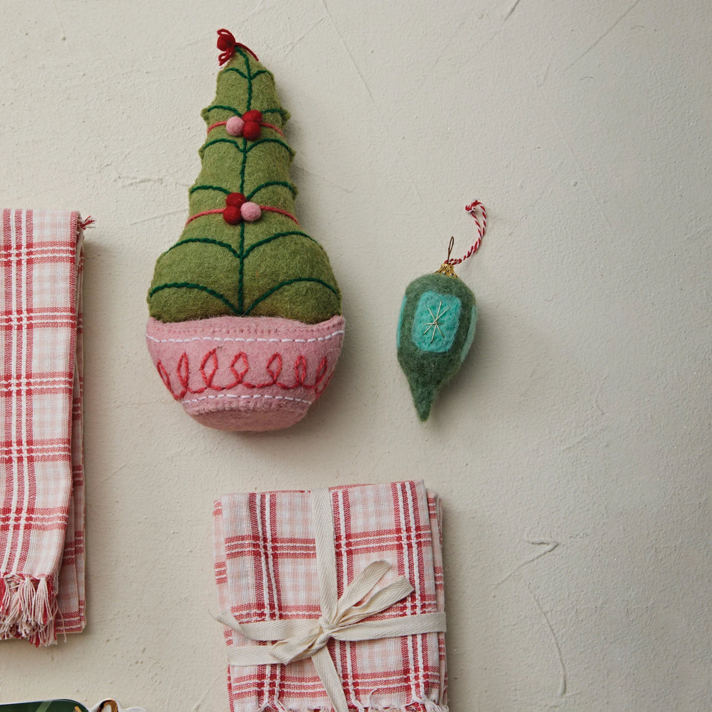 Handmade Wool Felt Tree w/ Embroidery & Pom Poms